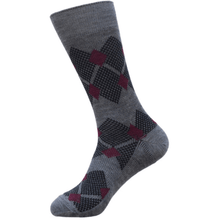 Load image into Gallery viewer, Australian made Grey/Black/Maroon Argyle Australian Merino Fine Knit Loose Top Socks
